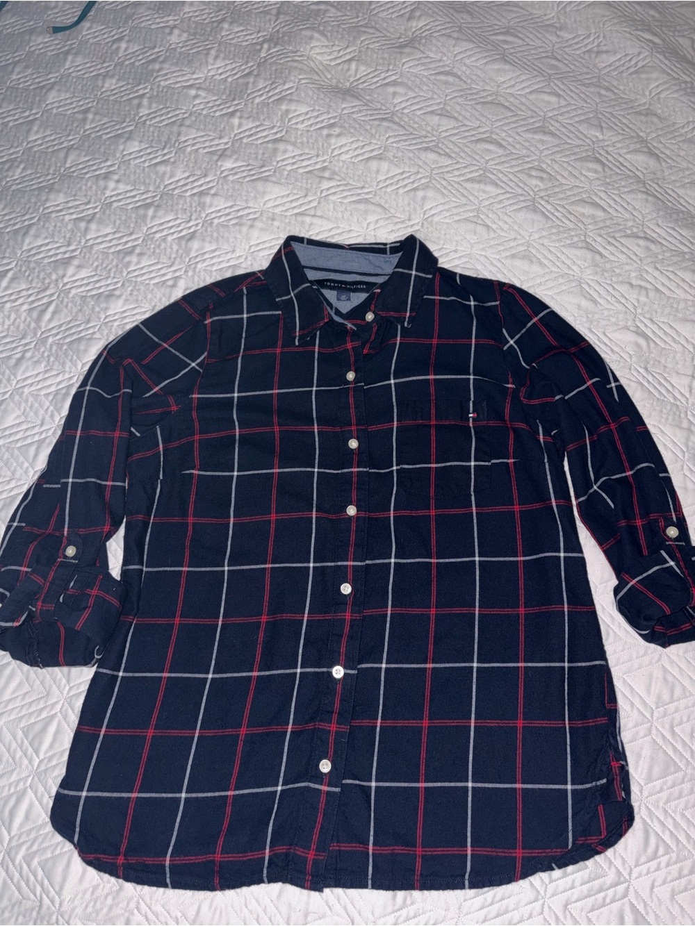 Tommy Hilfiger women’s Navy Button-Down Shirt Red & White Plaid Flannel sz S